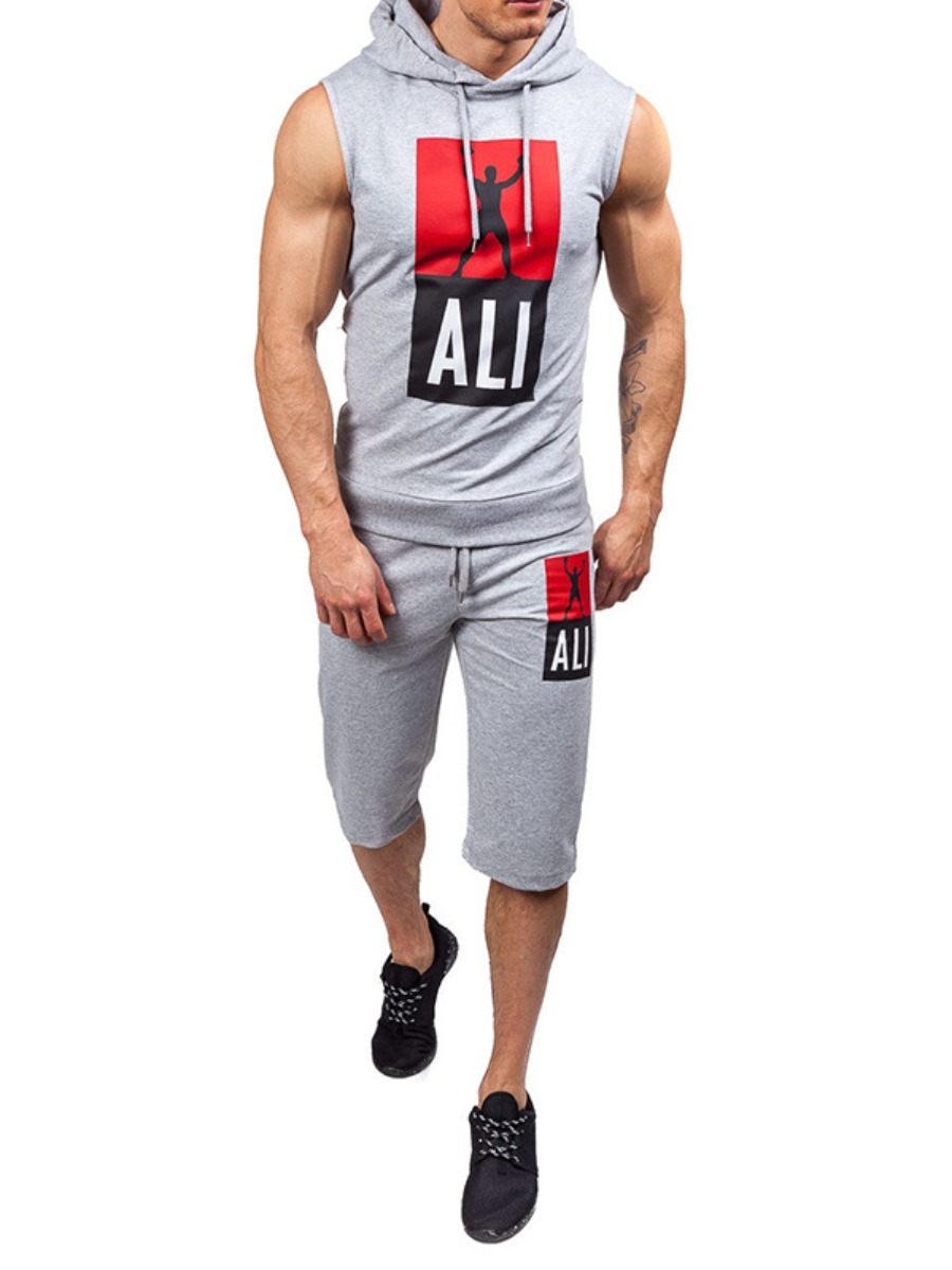 

LW COTTON Men Letter Print Drawstring Shorts Set, Light grey