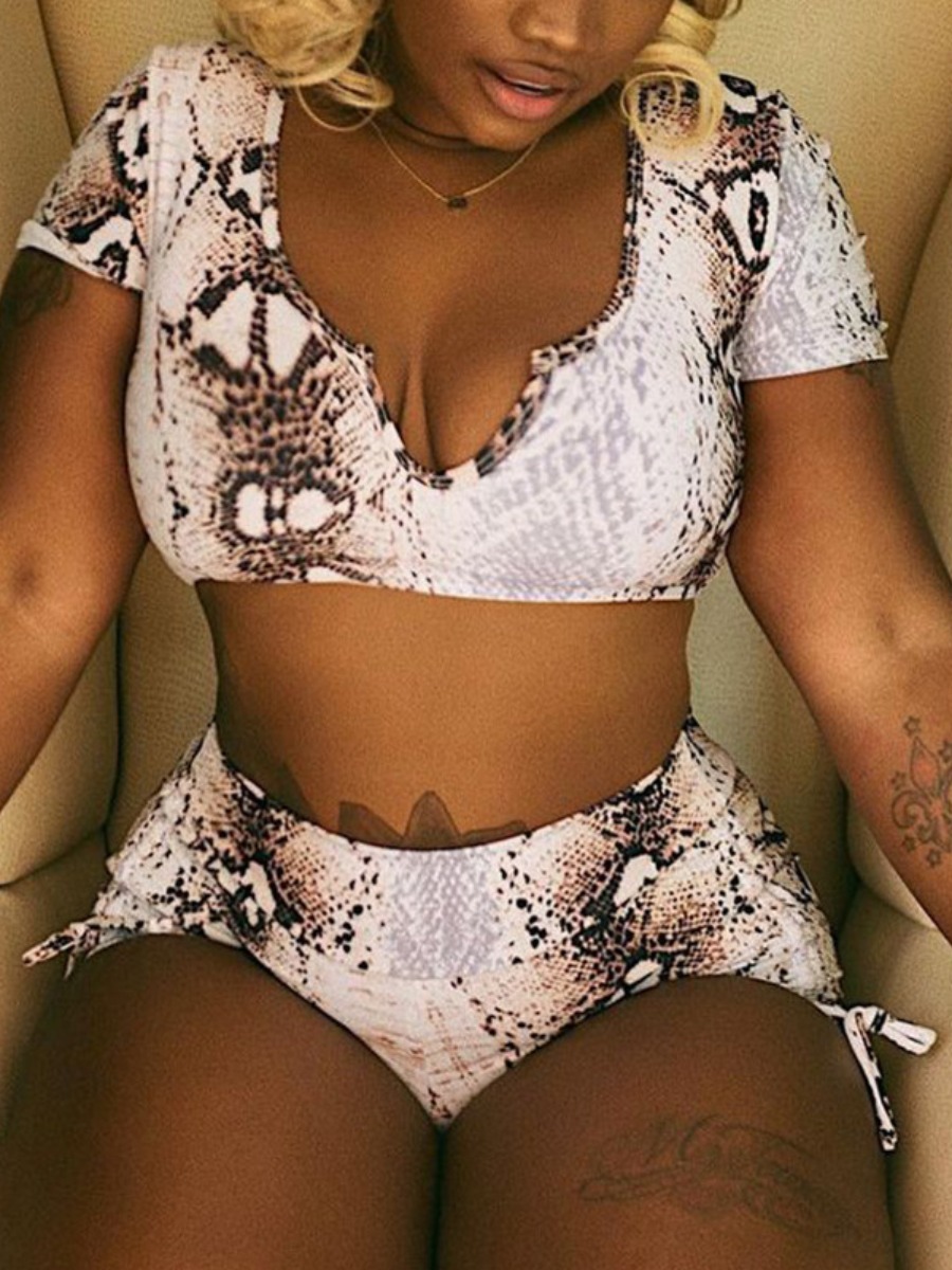 

LW SXY Cobra Print Drawstring Shorts Set, Beige