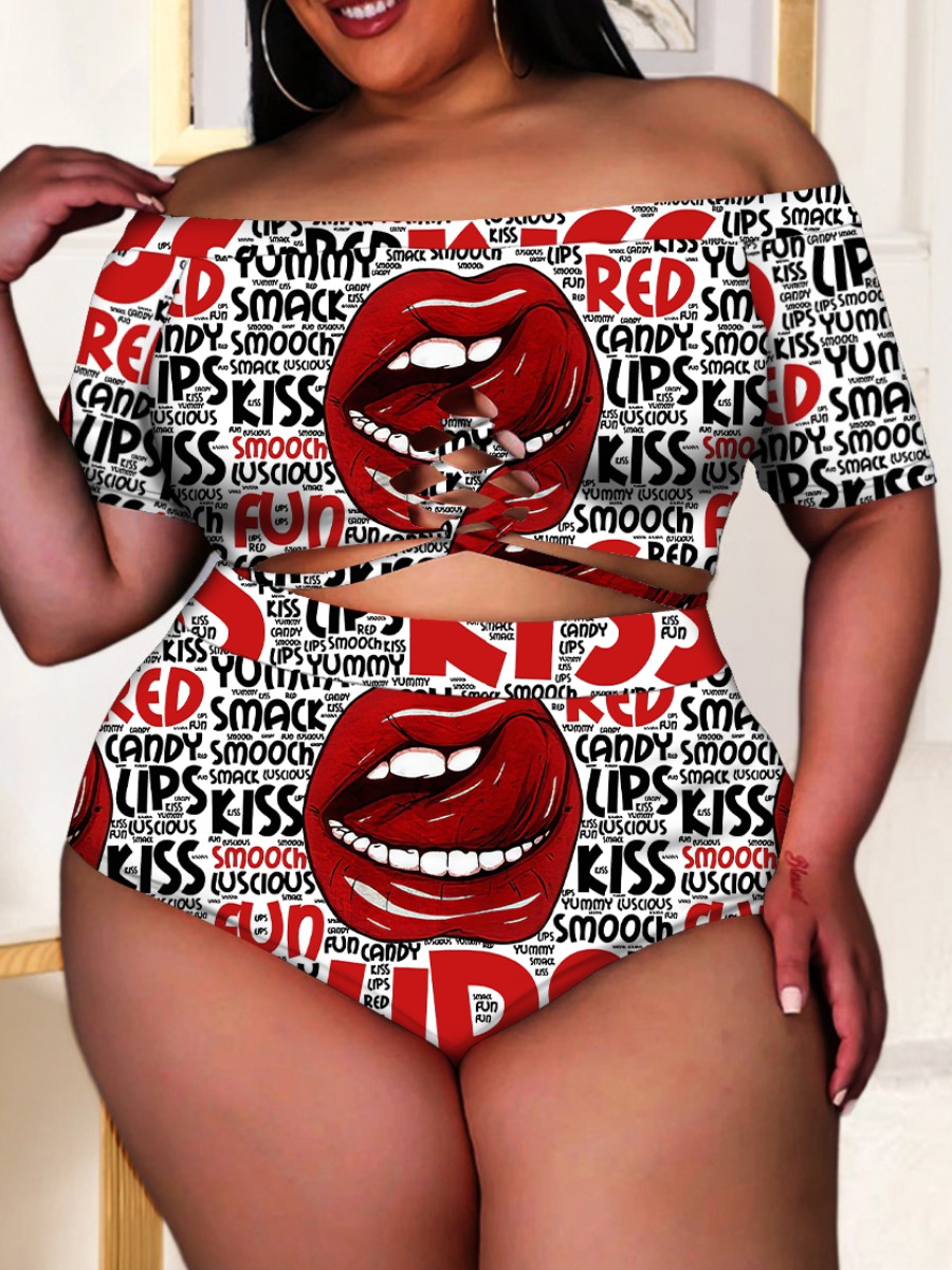 LW Plus Size Lip Letter Print Cut Out Tankinis
