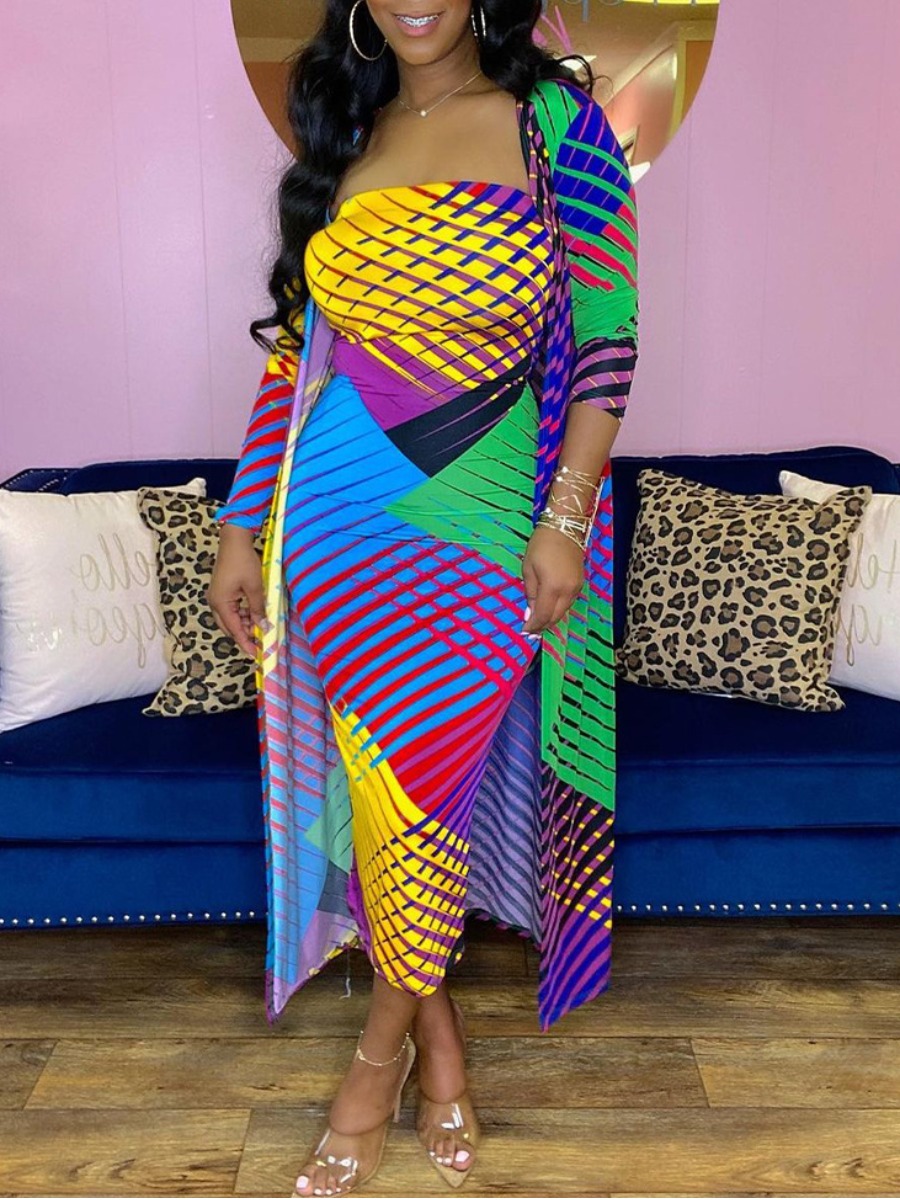

LW Off The Shoulder Geometric Print Dress Set, Multi