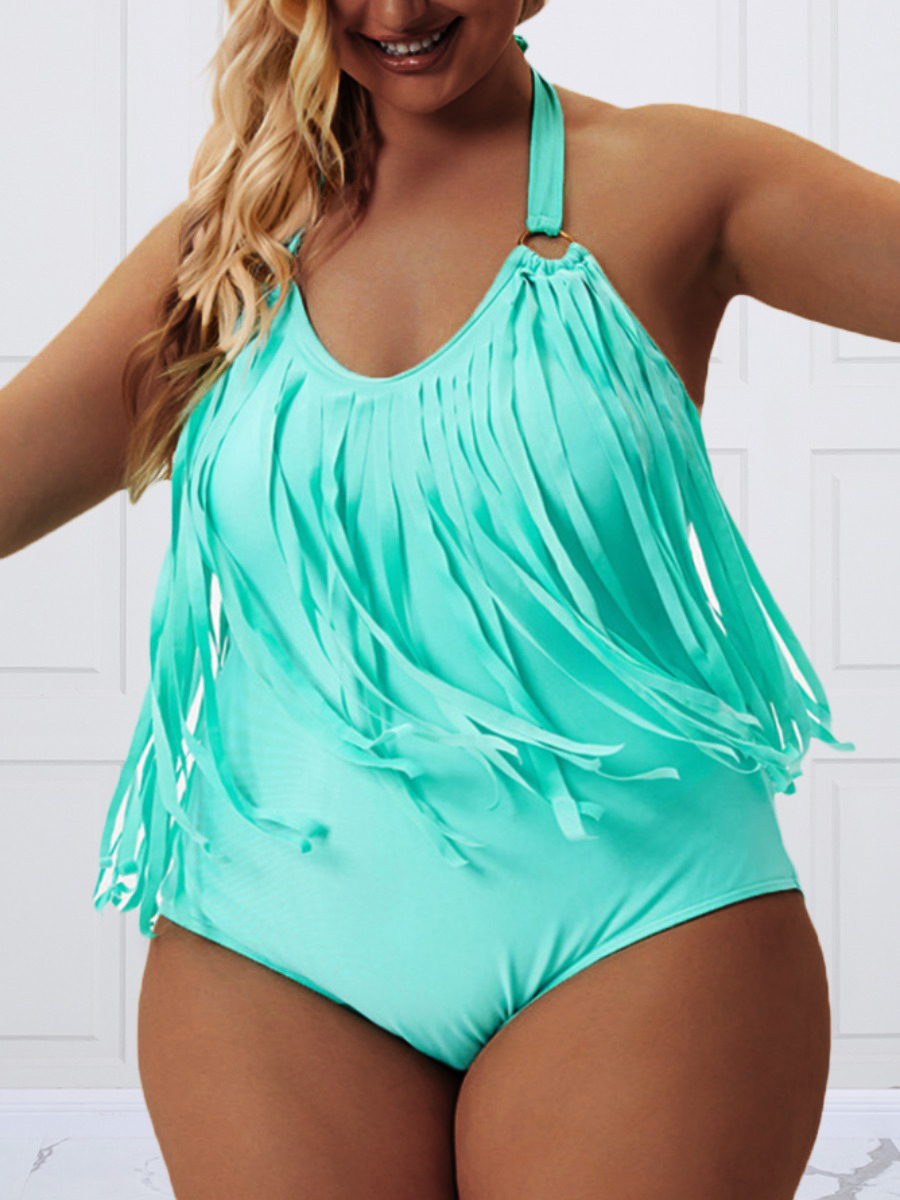 

LW Plus Size Tassel Design One-piece Swimsuit, Green