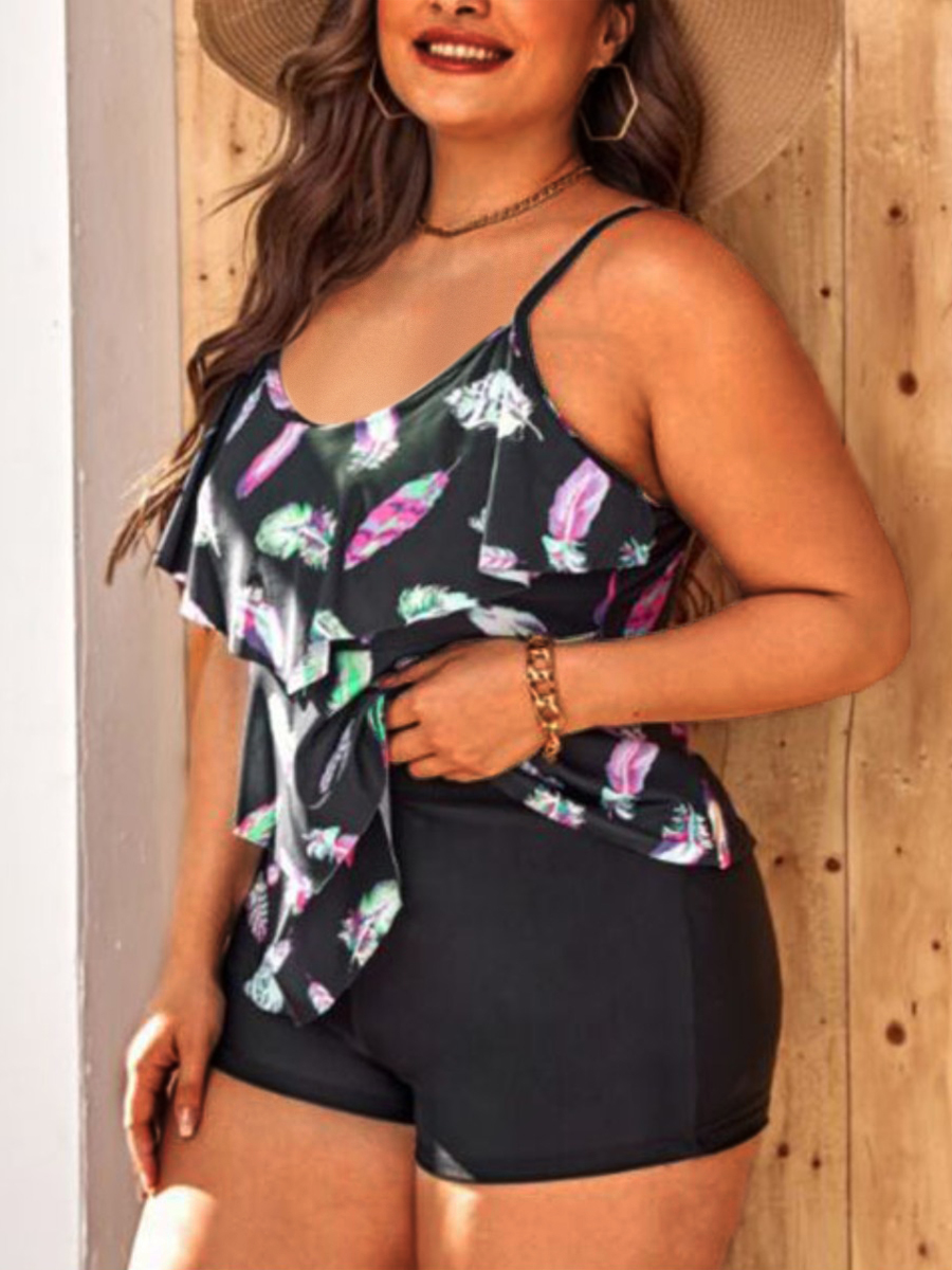 

LW Plus Size Feather Print Cami Tankini, Multi