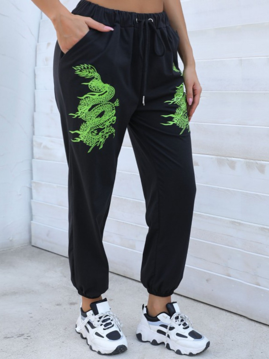 

LW Dragon Print Drawstring Sweatpants, Black