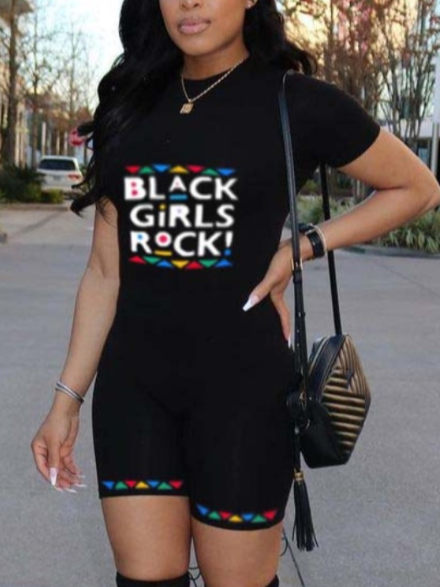 

LW Geometric Letter Print Romper, Black