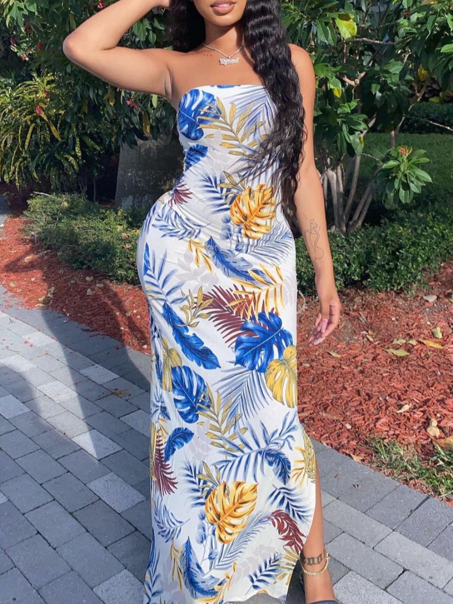

LW Off The Shoulder Floral Print Slit Dress, White