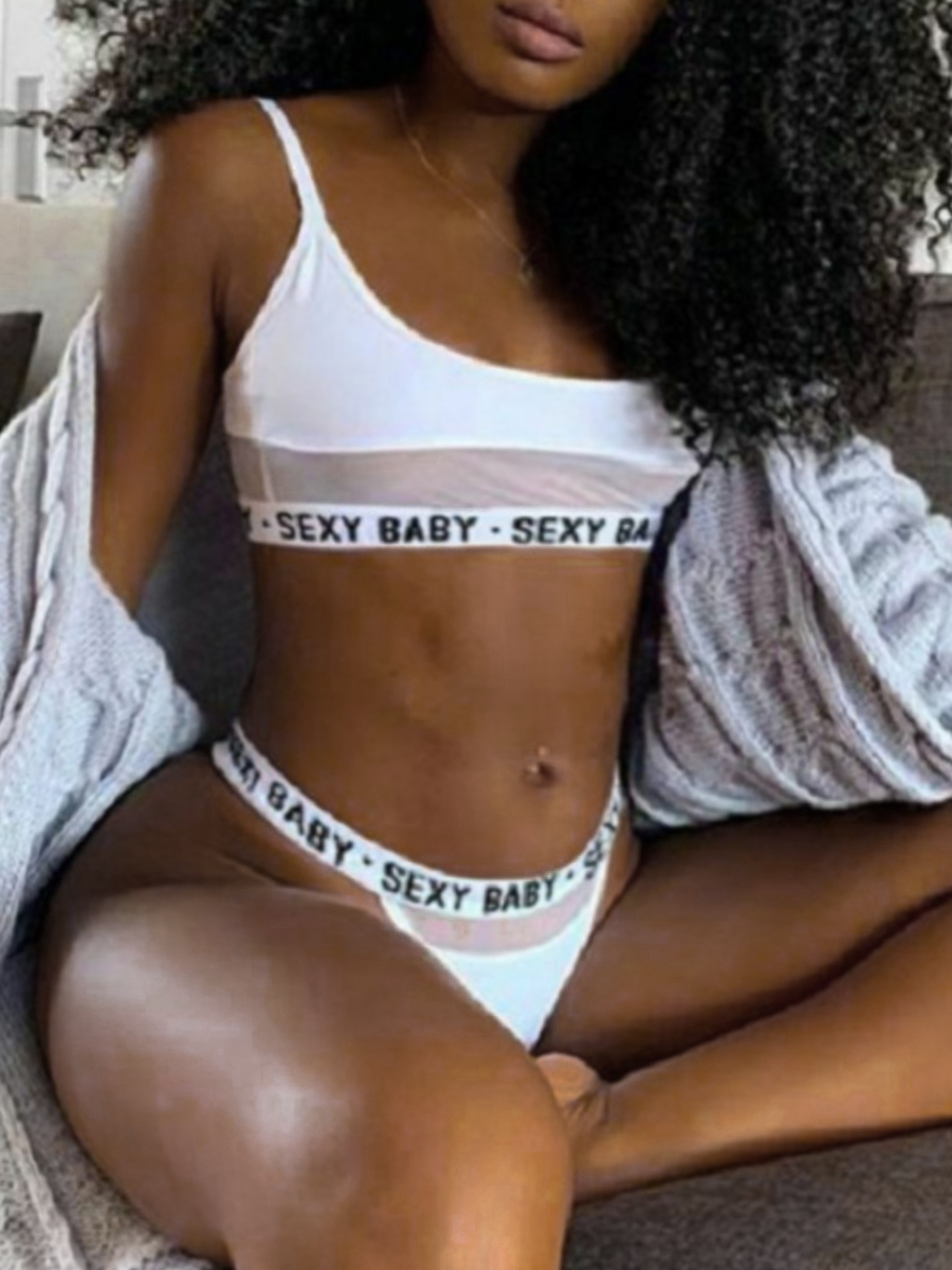 

LW SXY Plus Size Letter Print See-through Bra Set, White