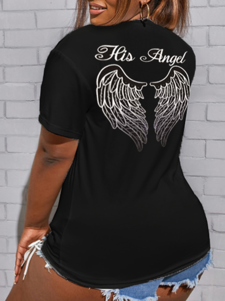 

LW Plus Size Wing Letter Print T-shirt, Black