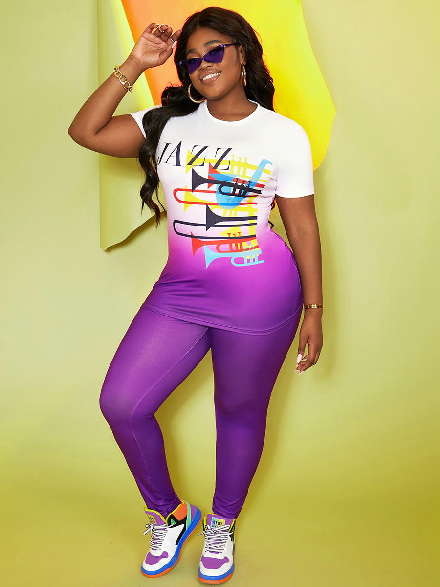 

LW Plus Size Gradient Letter Print Pants Set, Purple