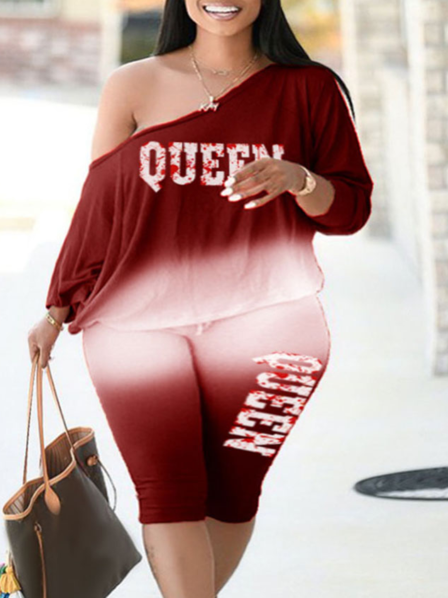 LovelyWholesale Plus Size One Shoulder Gradient Queen Print Pants Set Spring Three Quarter Casual Queen  5X Spring Summer 2024