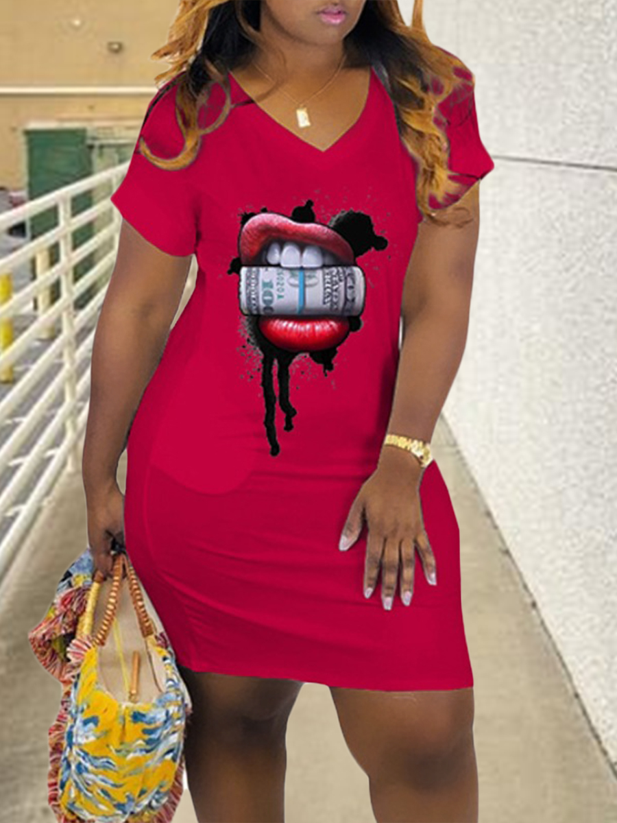 

LW V Neck Money Lip Print Dress, Red