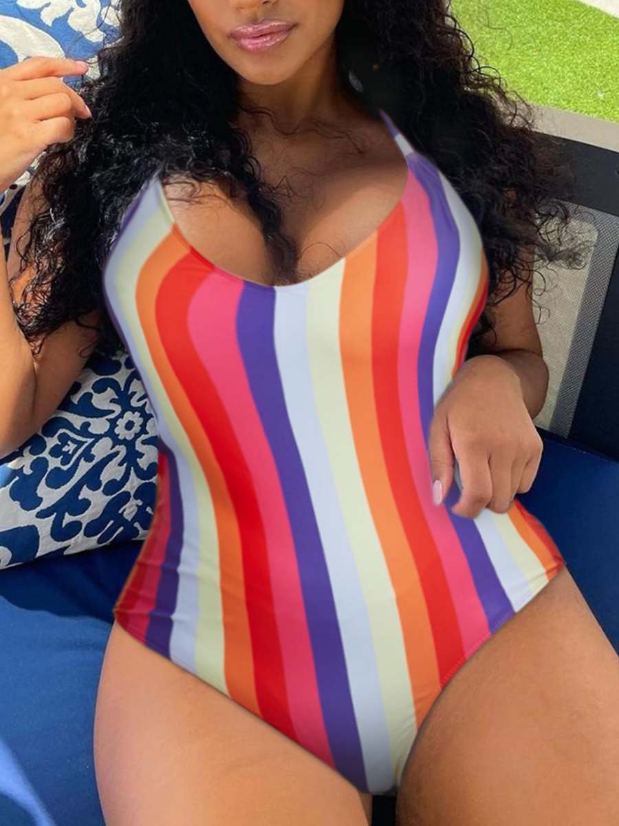 

LW Plus Size Striped Backless One-piece Swimsuit, Multicolor mstn