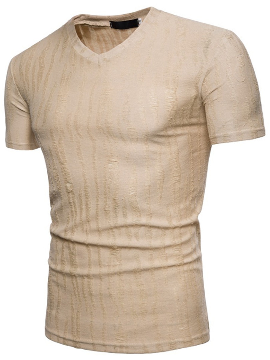 

LW COTTON Men V Neck Ripped T-shirt, Light camel