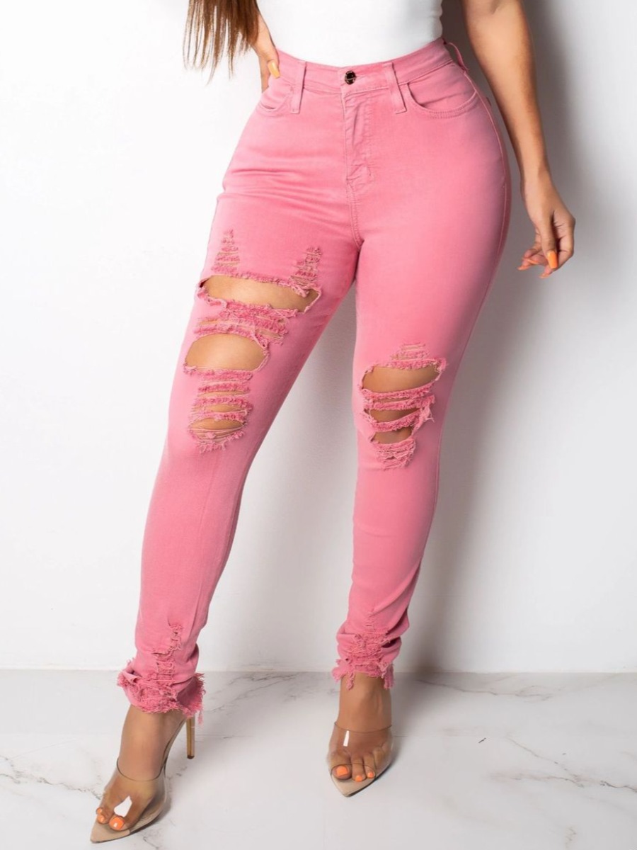 

LW Mid Waist High Stretchy Ripped Jeans, Pink