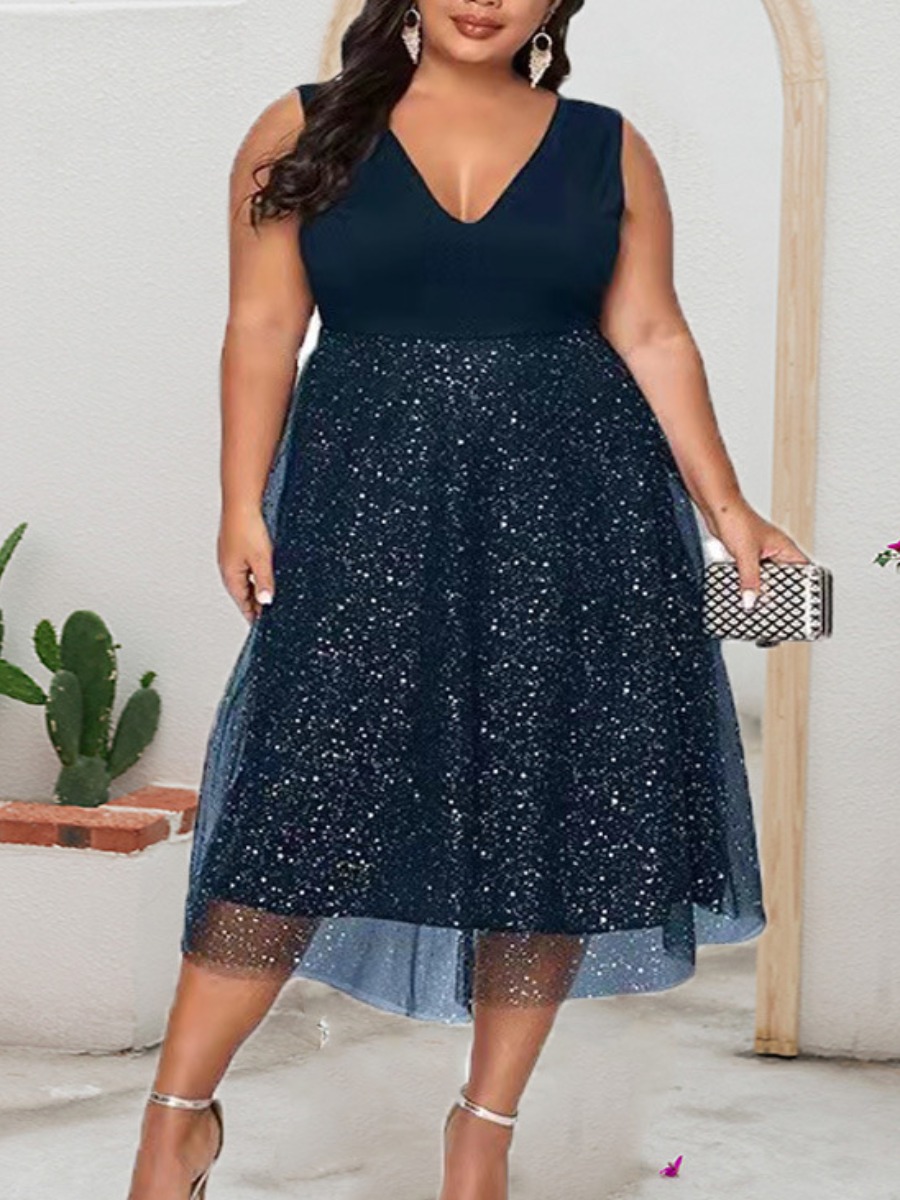 

LW Plus Size V Neck Sequined A Line Dress, Dark blue