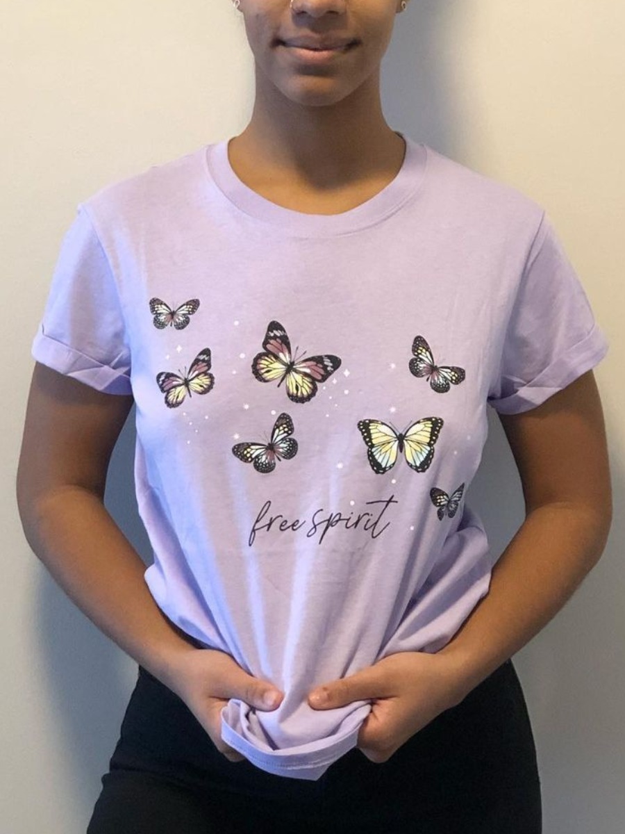 

LW Butterfly Letter Print T-shirt, Light purple