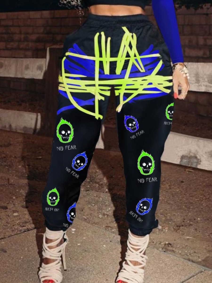 

LW Plus Size Skull Head Print Bandage Design Sweatpants, Black