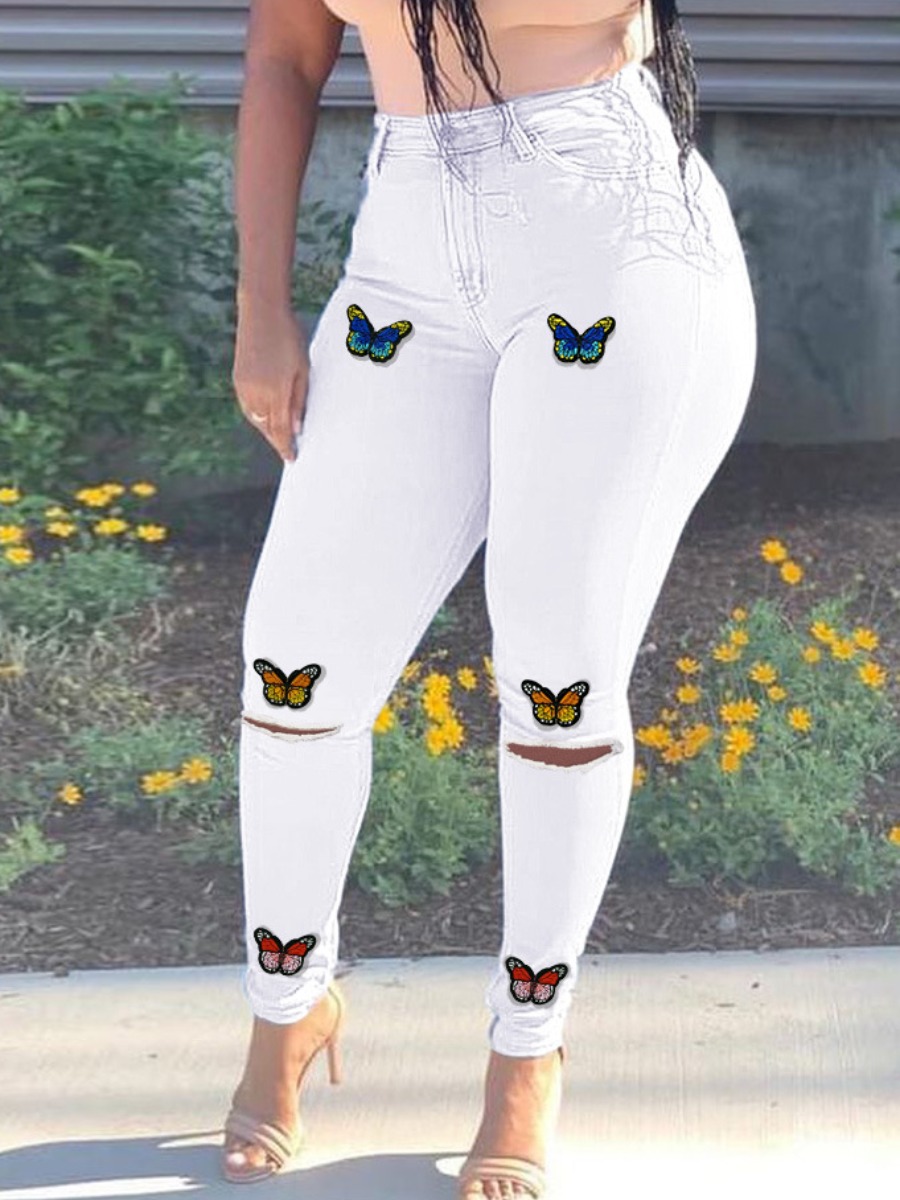 

LW Plus Size Butterfly Print Ripped Jeans, White