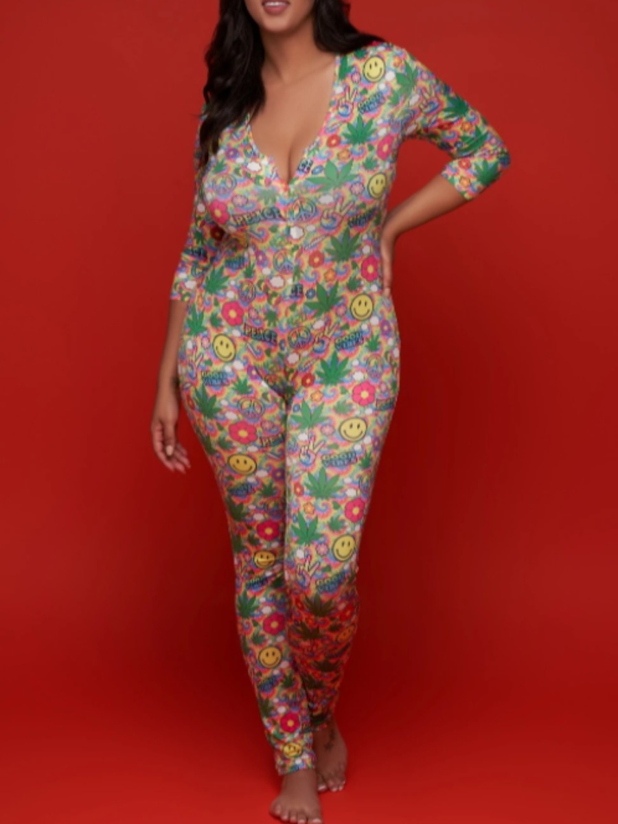 

LW Plus Size Cartoon Floral Print Jumpsuit, Green