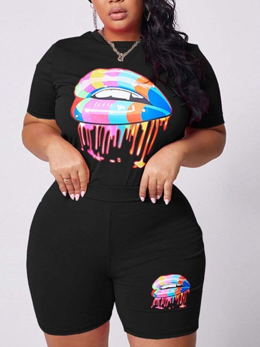 

LW Plus Size Round Neck Lip Print Shorts Set, Black