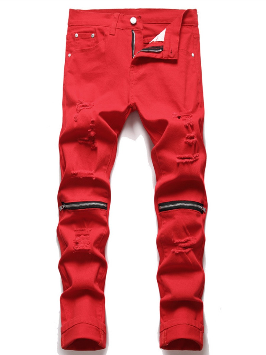 

LW Men High Stretchy Ripped Zipper Design Jeans, Red