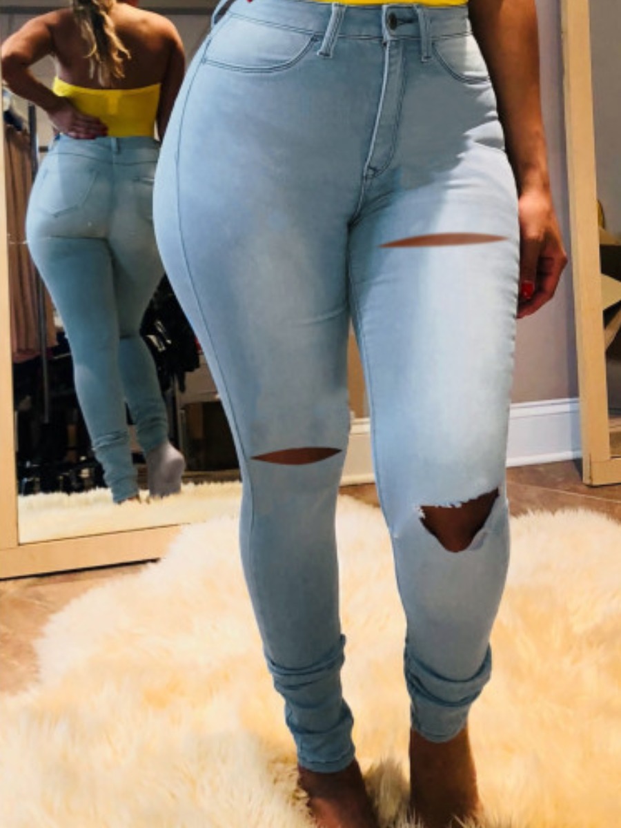 

LW Mid Waist Ripped Jeans (No Stretch), Baby blue