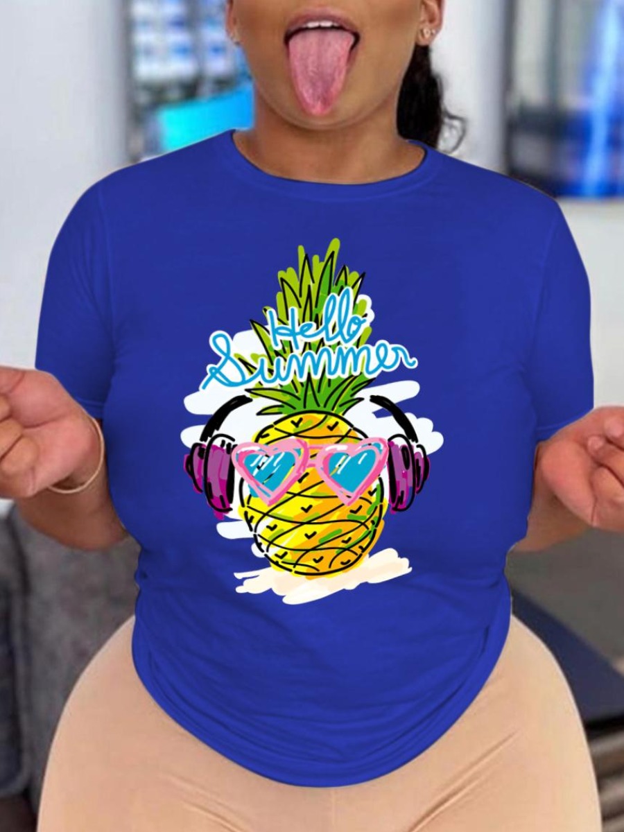 

LW Plus Size Pineapple Letter Print T-shirt, Blue