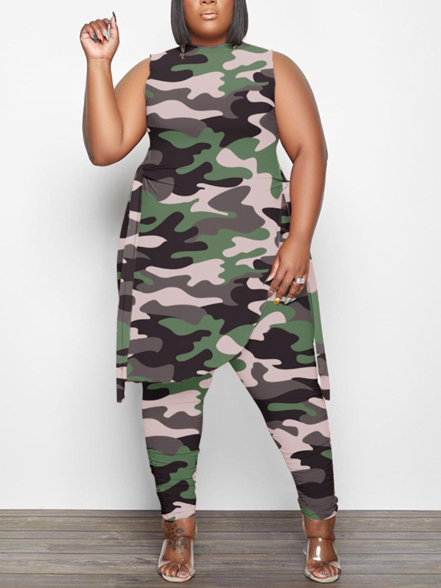 

LW Plus Size Camo Print Split Pants Set, Army green camouflag
