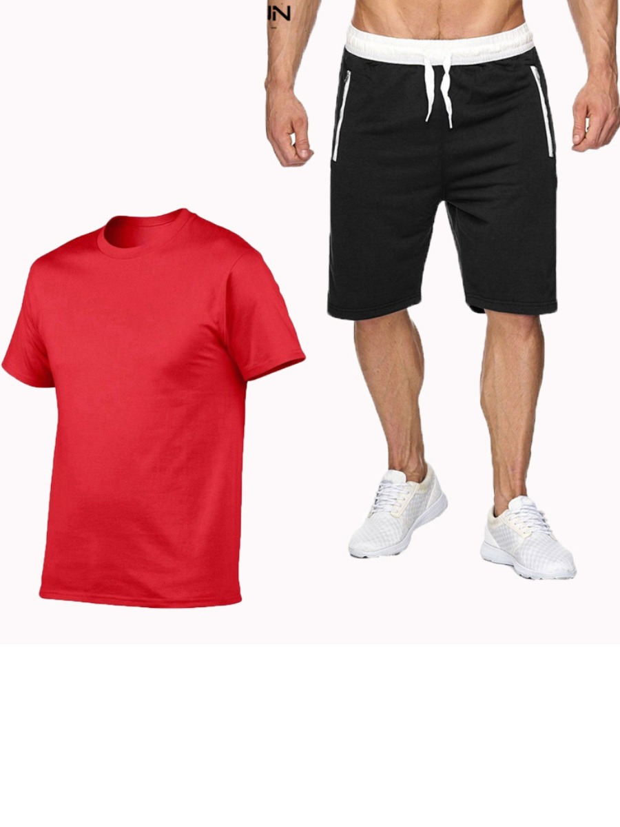 

LW Men Round Neck Drawstring Shorts Set, Red