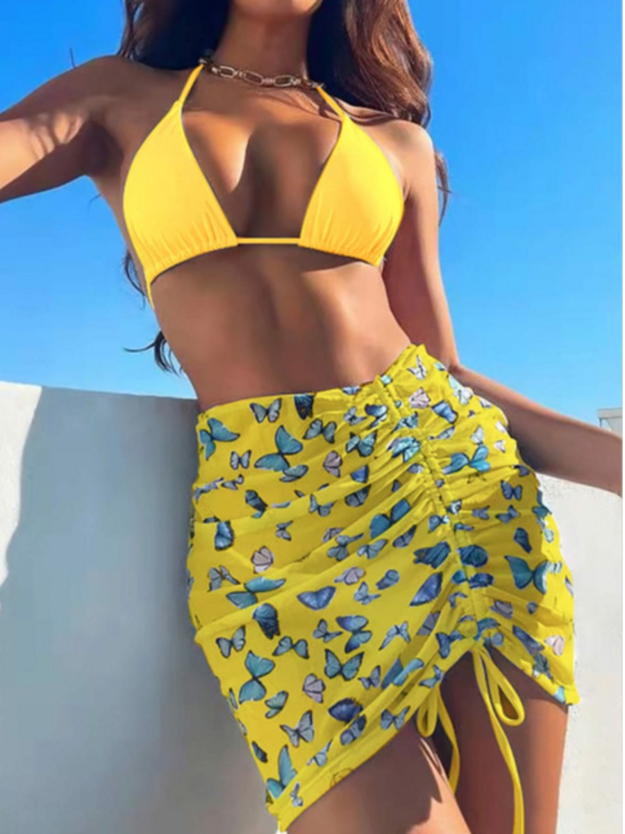 

LW Butterfly Print Drawstring Ruched Three-piece Swimsuit, Yellow