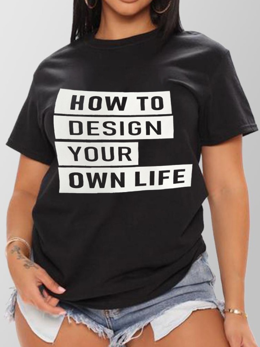 

LW Round Neck Letter Print T-shirt, Black