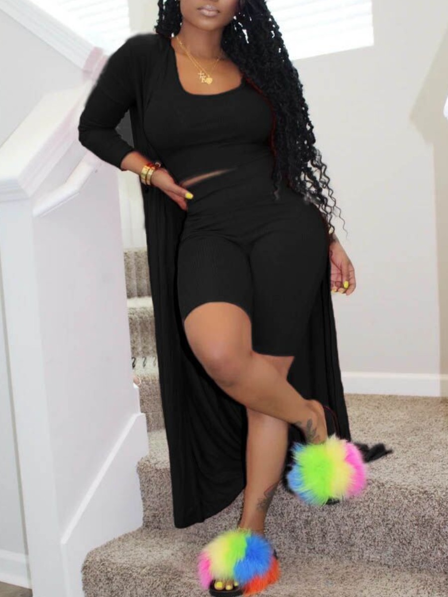 

LW BASICS Plus Size U Neck Rib-Knit Three-piece Shorts Set, Black