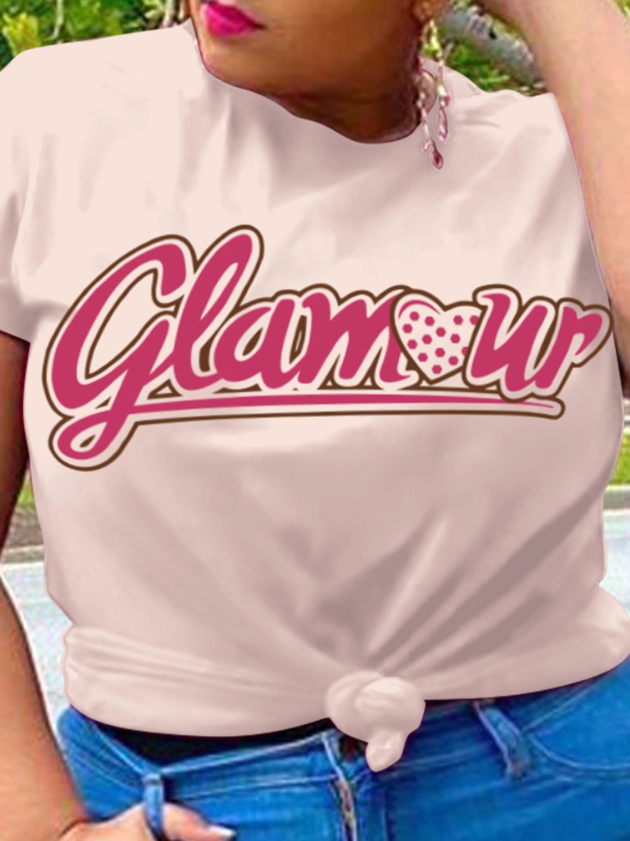 

LW Plus Size Dot Letter Print T-shirt, Light pink
