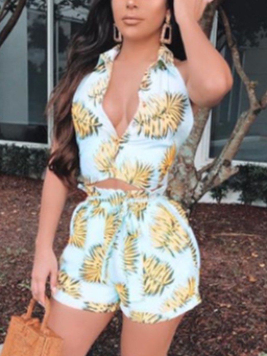 

LW V Neck Mixed Print Shorts Set, Baby blue