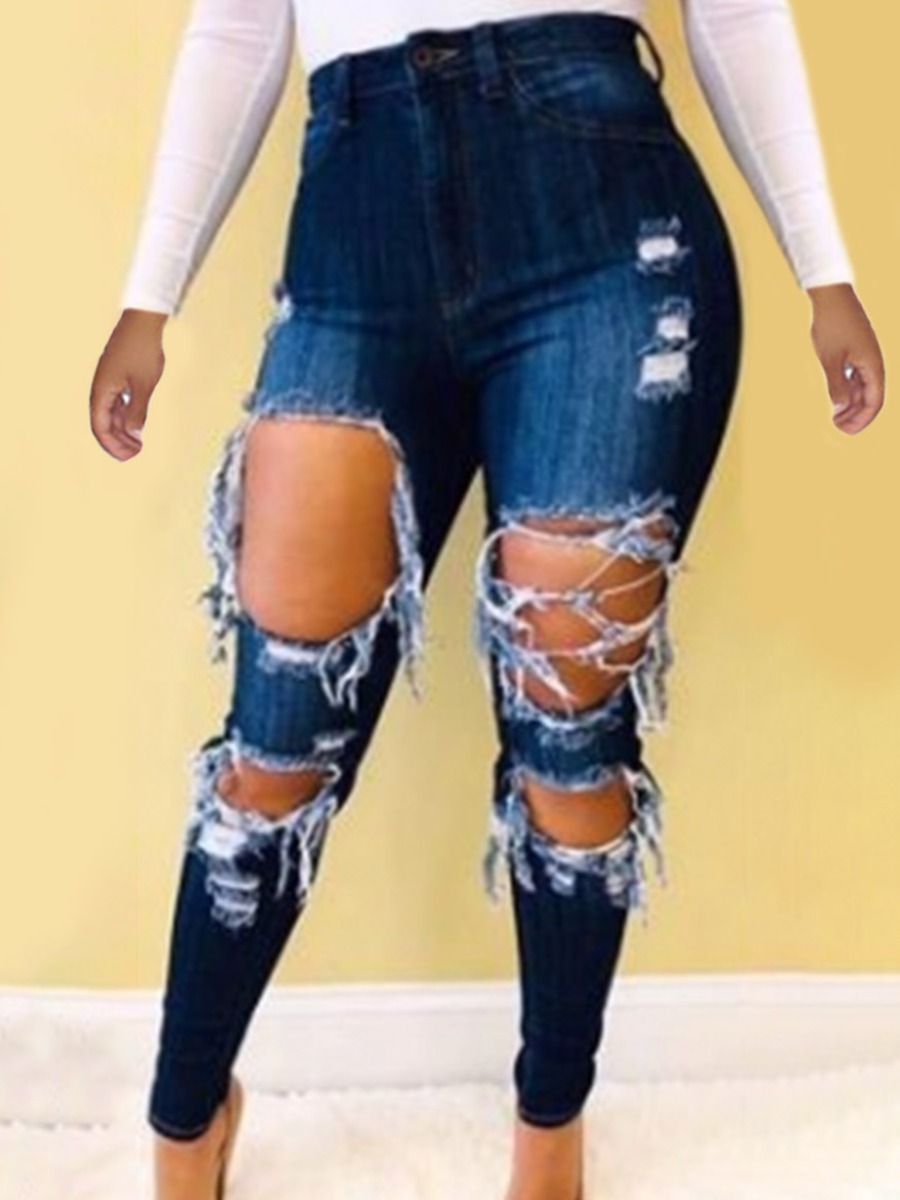 

LW High-waisted Ripped High Stretchy Jeans, Blue