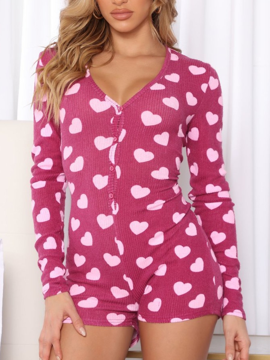 

LW Heart Print Rib-Knit Romper, Rose red