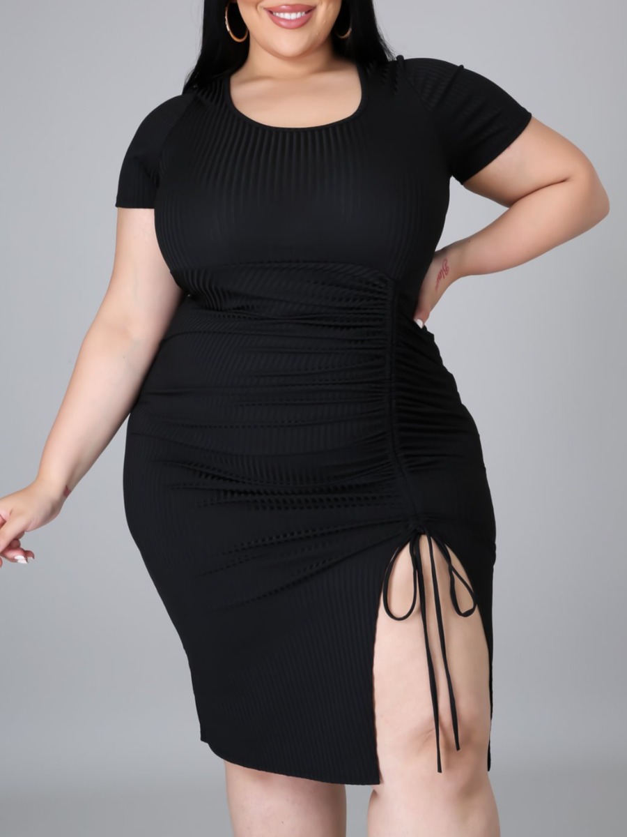 

LW BASICS Plus Size Rib-Knit Slit Ruched Dress, Black