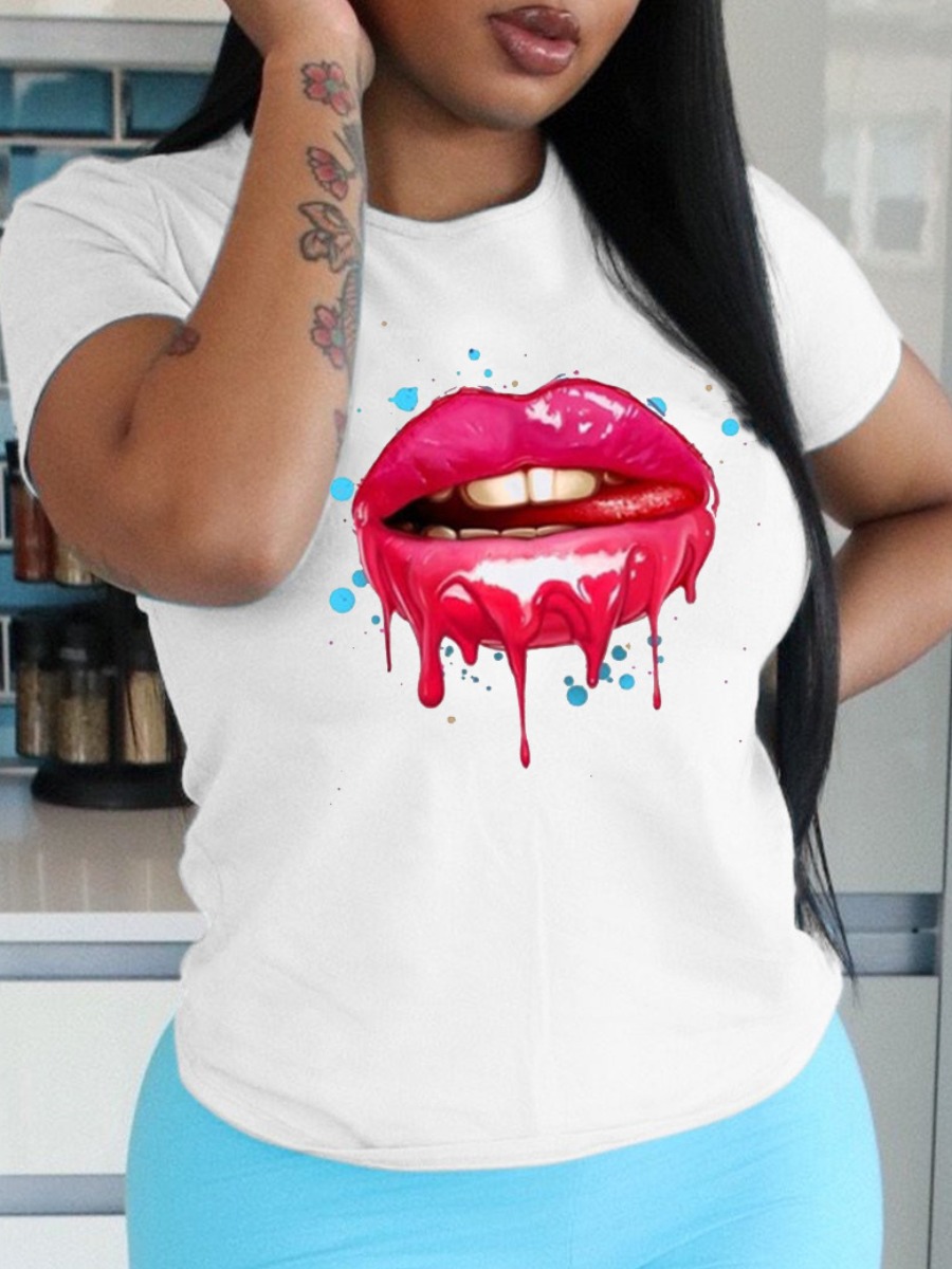 

LW Plus Size Round Neck Lip Print T-shirt, White