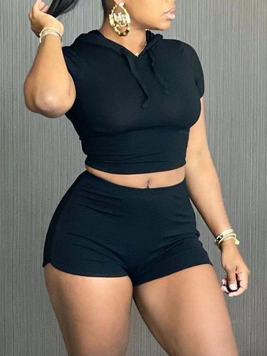 

LW Hooded Collar Skinny Shorts Set, Black