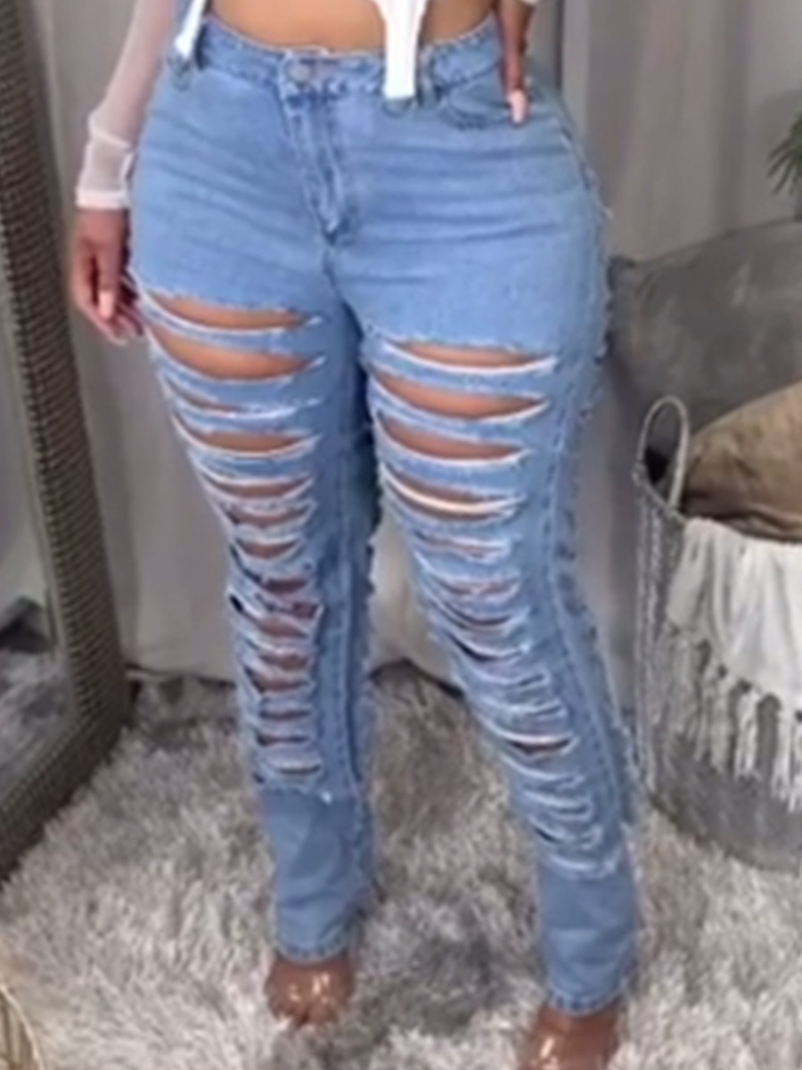 

LW Mid Waist High Stretchy Ripped Jeans, Baby blue