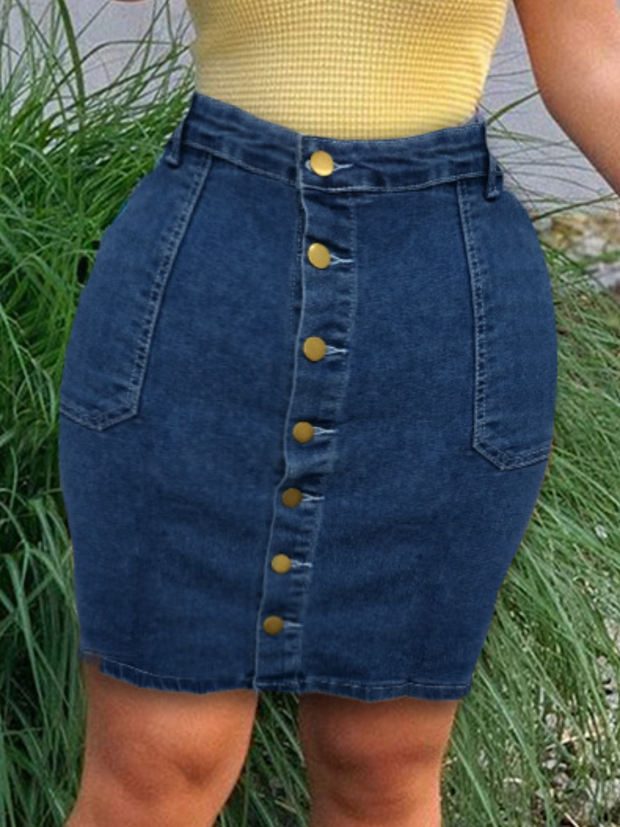 

LW Plus Size Pocket Button Design Denim Skirt, Blue