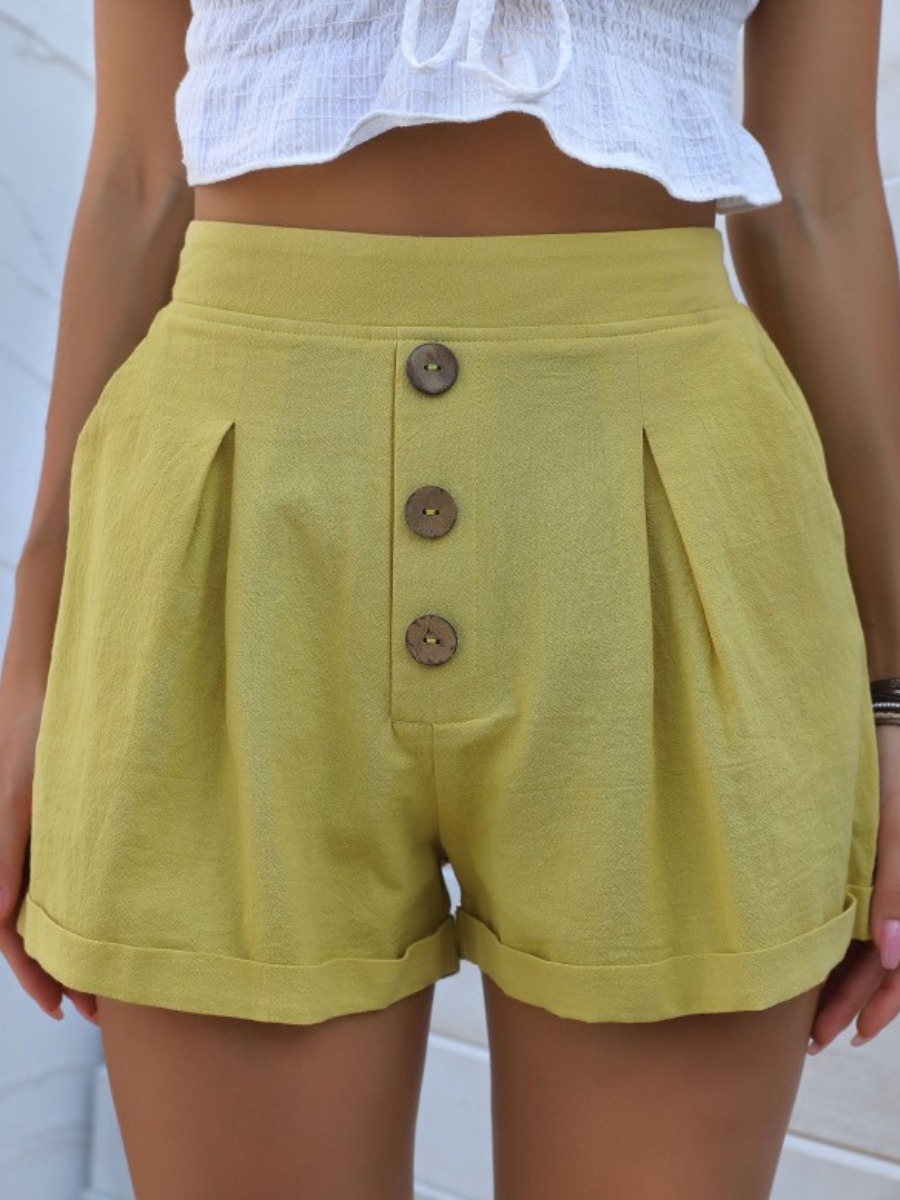 LW Mid Waist Button Design Shorts, Yellow