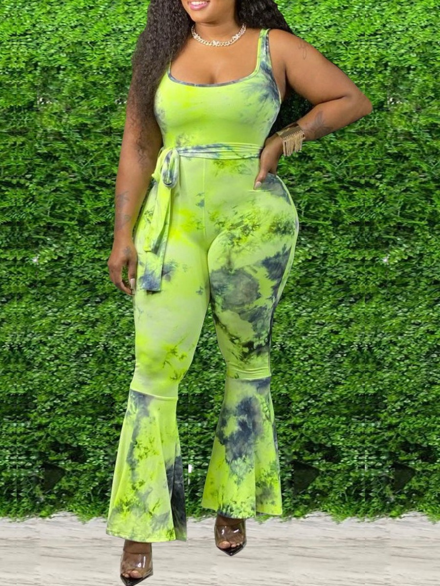 

LW Plus Size Tie-dye Flared Cami Jumpsuit, Green