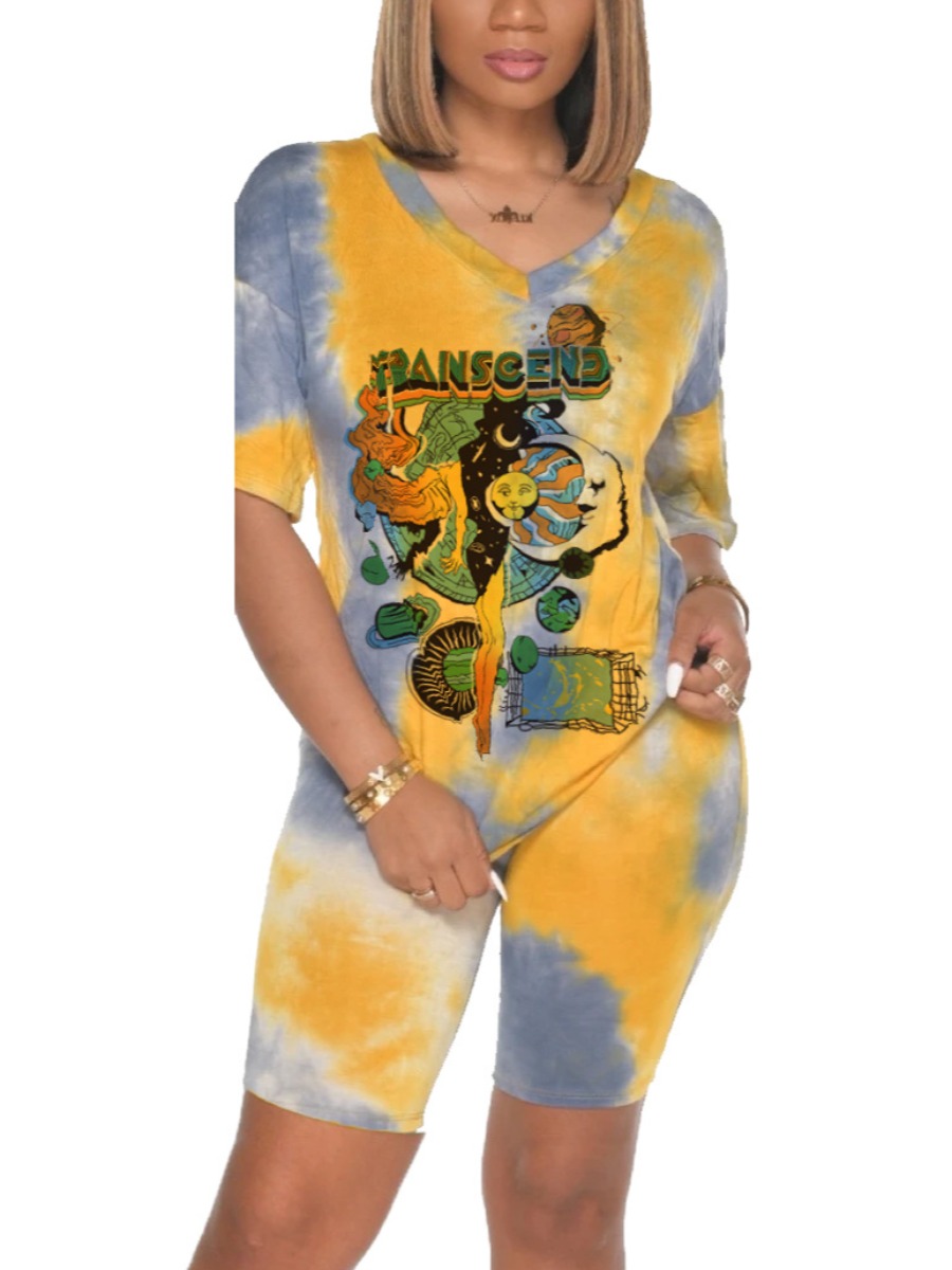

LW Letter Print Tie-dye Shorts Set, Yellow
