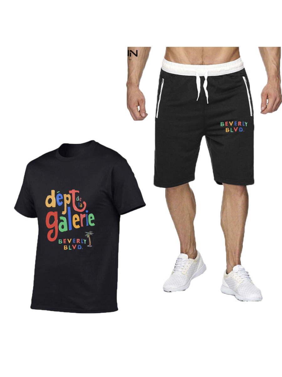 

LW Men Letter Print Drawstring Shorts Set, Black