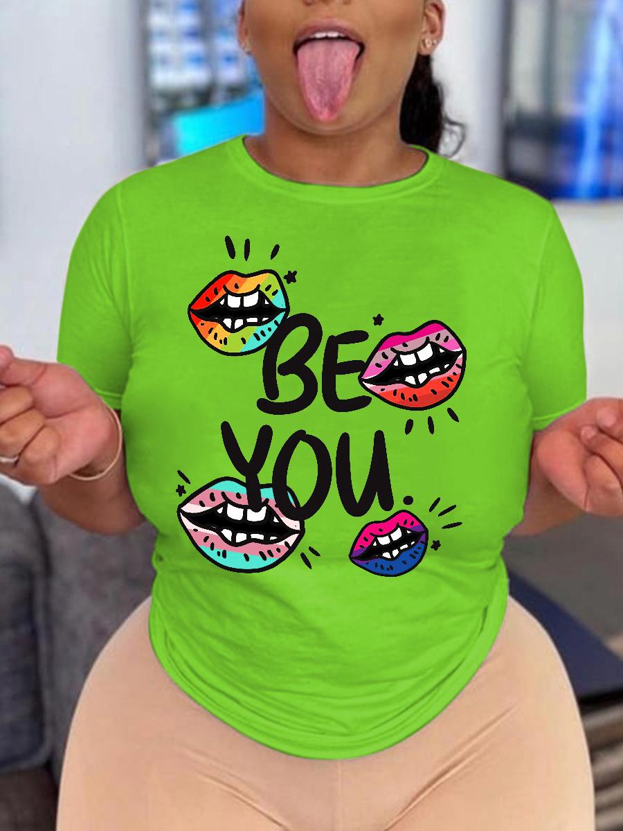 

LW Plus Size Letter Lip Print T-shirt, Green