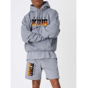 LW Men Hooded Collar King Letter Print Shorts Set