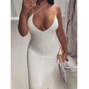 LW SXY V Neck White Mid Calf Dress