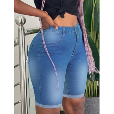 

LW Mid Waist High Stretchy Raw Edge Denim Shorts, Blue