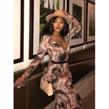 

LW SXY V Neck Tie Dye Bodycon Dress, Brown
