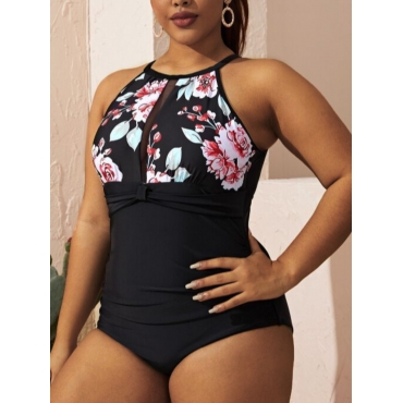 

LW Plus Size Floral Print One-piece Swimsuit, Black